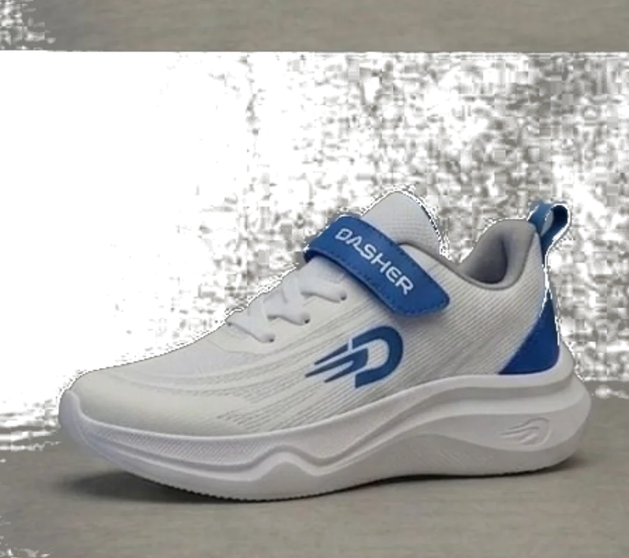 Dasher shoe in white and blue, side profile