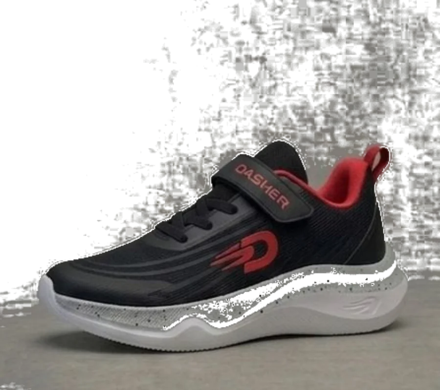 Dasher shoe in black and red, side profile